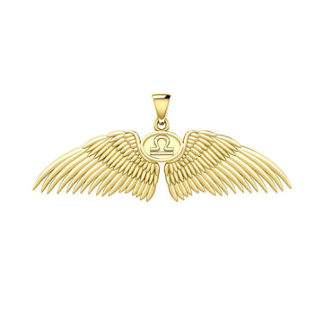 Guardian Angel Wings Solid Gold Pendant with Libra Zodiac Sign GPD5521 - Jewelry